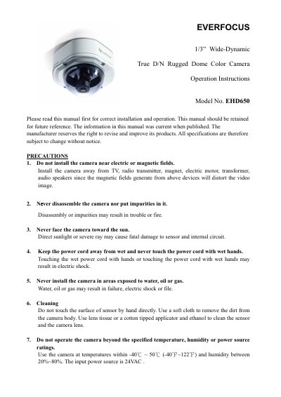 EverFocus EHD650 Rugged Dome Camera Operation Manual - cover page