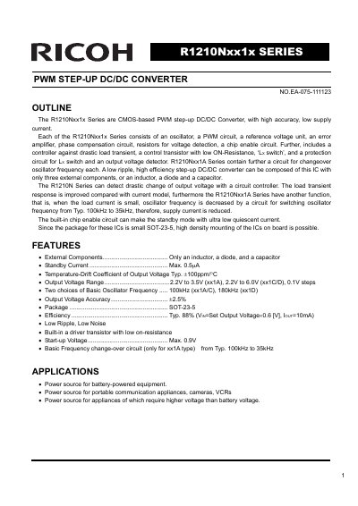 Ricoh R1210Nxx1x Series PWM Step-Up DC/DC Converter Datasheet - cover page