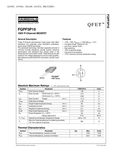 Fairchild FQPF5P10 P-Channel MOSFET Datasheet