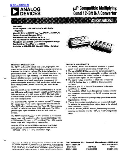 Analog Devices AD394/AD395 Quad 12-Bit CMOS DAC Datasheet - cover page