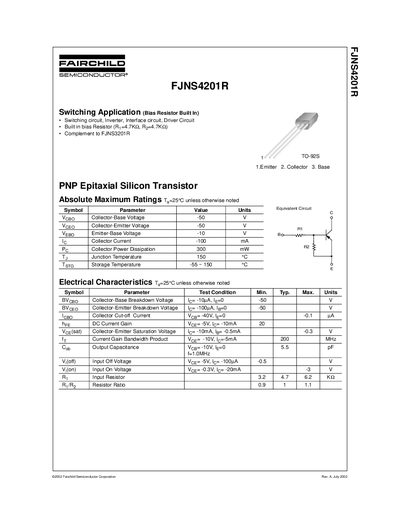 Fairchild FJNS4201R PNP Silicon Transistor Datasheet - cover page