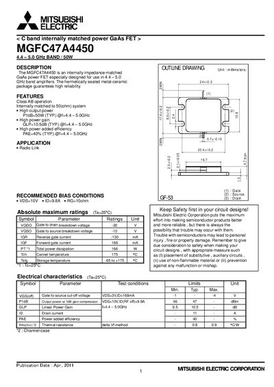 Mitsubishi Electric MGFC47A4450 GaAs Power FET Datasheet - cover page