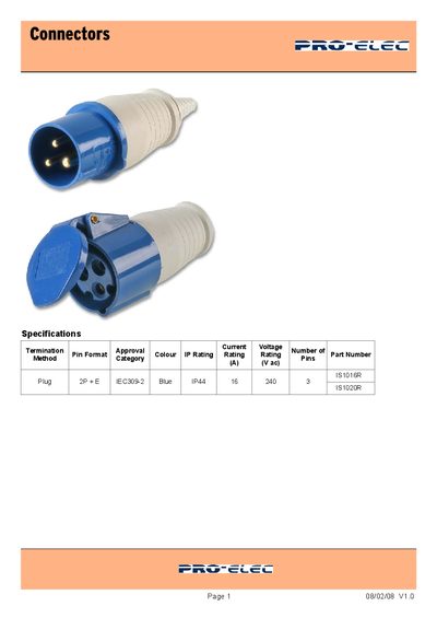 Pro-Elec Connectors Specification Sheet - cover page