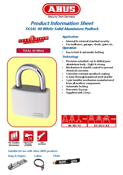 ABUS T65AL 40 White Solid Aluminium Padlock Product Information Sheet - cover page