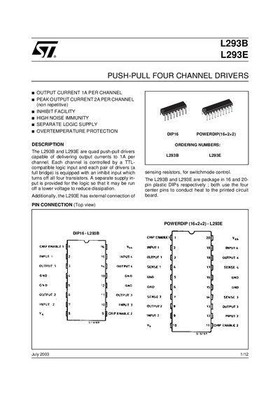STMicroelectronics L293B/L293E Push-Pull Four-Channel Driver Handbook - cover page