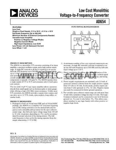 Analog Devices AD654 Voltage-to-Frequency Converter Datasheet - cover page
