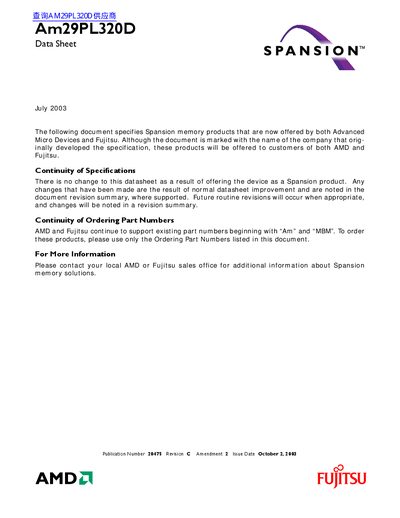 Spansion Am29PL320D Datasheet - cover page