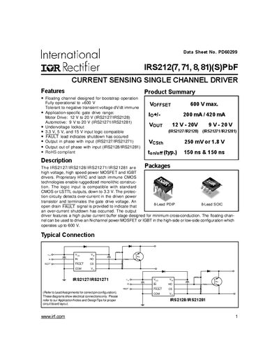 International Rectifier IRS212 Current Sensing Single Channel Driver Datasheet - cover page