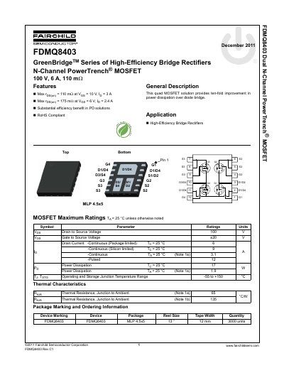 Fairchild Semiconductor FDMQ8403 N-Channel PowerTrench MOSFET Datasheet - cover page