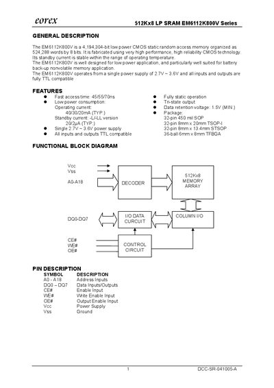 EOREX EM6112K800V 512Kx8 LP SRAM Datasheet - cover page