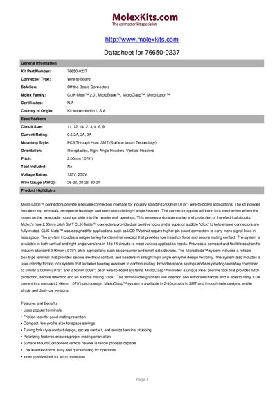 Molex 76650-0237 Wire-to-Board Connector Kit Datasheet - cover page