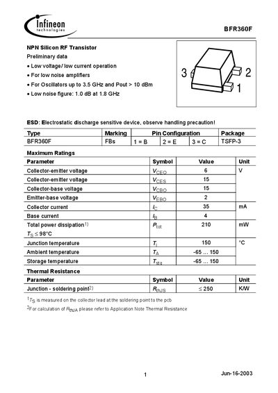 Infineon BFR360F NPN Silicon RF Transistor Datasheet - cover page