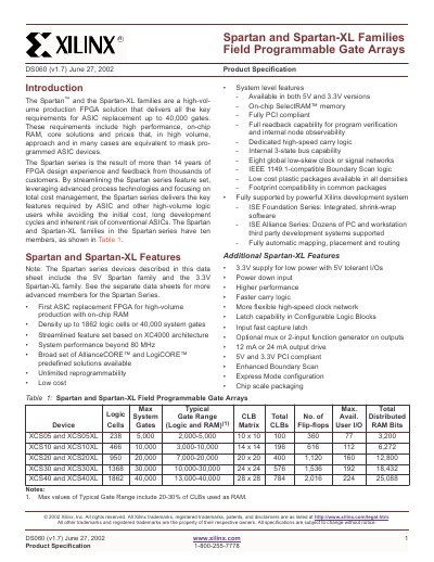 Xilinx Spartan and Spartan-XL Families Field Programmable Gate Arrays Datasheet - cover page