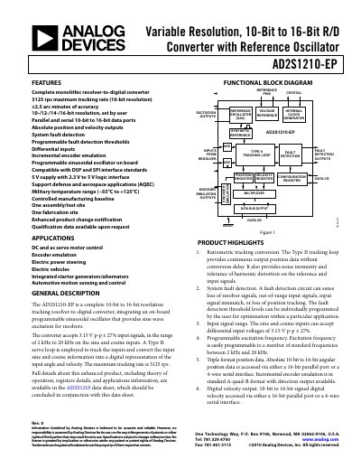 Analog Devices AD2S1210-EP Resolver-to-Digital Converter Datasheet