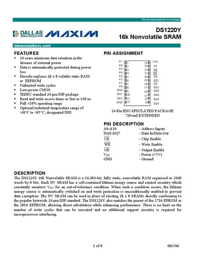Maxim DS1220Y 16k Nonvolatile SRAM Datasheet - cover page
