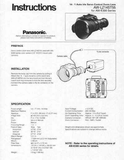 Panasonic AW-LZ14ST55 Auto Iris Servo Control Zoom Lens Product Leaflet - cover page