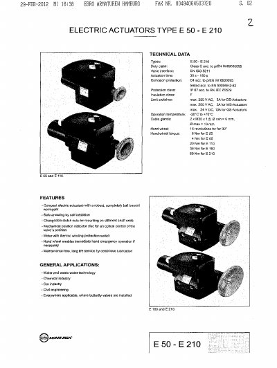 EBRO E 50 - E 210 Electric Actuator Technical Data - cover page