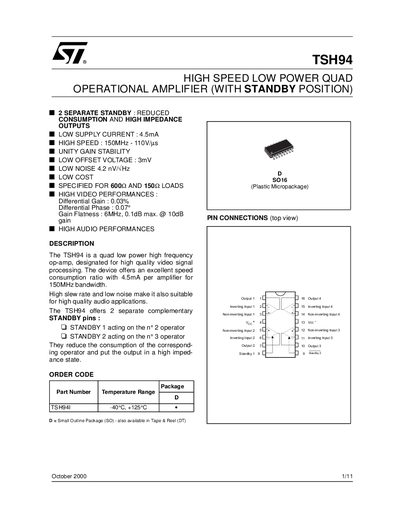 STMicroelectronics TSH94 Operational Amplifier Datasheet - cover page