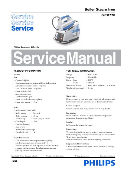 PHILIPS GC8200 Boiler Steam Iron service manual - cover page