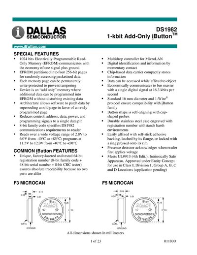 Dallas DS1982 1‑kbit Add‑Only iButton Handbook - cover page