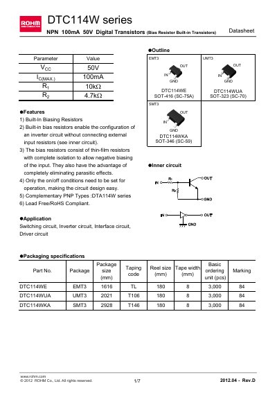 ROHM DTC114WUA Datasheet - cover page