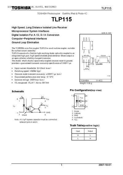 Toshiba TLP115 Photocoupler Datasheet - cover page