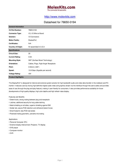 Molex 76650-0194 Wire-to-Board DisplayPort Connector Datasheet - cover page