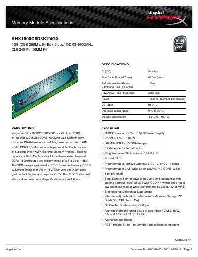 Kingston KHX1600C8D3K2/4GX DDR3 Memory Module Datasheet - cover page