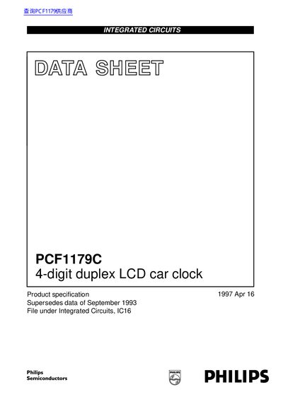 Philips PCF1179C 4-digit Duplex LCD Car Clock Datasheet - cover page