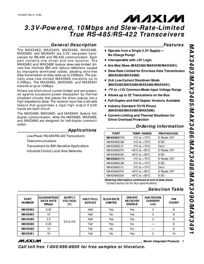 MAXIM MAX3483/MAX3485/MAX3486/MAX3488/MAX3490/MAX3491 3.3V-Powered 10Mbps Slew-Rate-Limited True RS-485/RS-422 Transceivers handbook - cover page