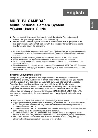 Casio YC-430 Multi PJ Camera User's Guide - cover page