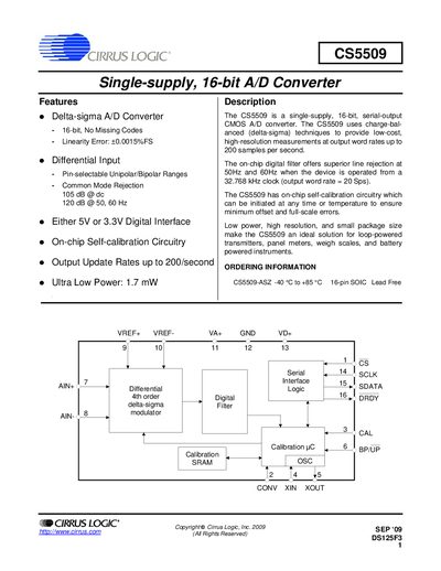 Cirrus Logic CS5509 Single-supply 16-bit A/D Converter Datasheet - cover page
