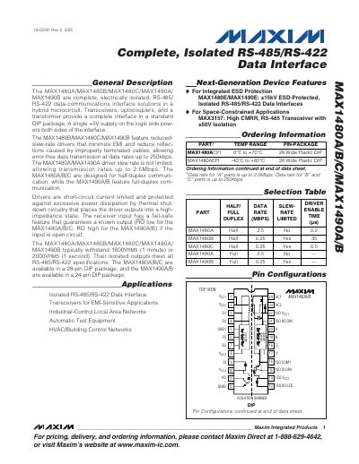 Maxim Integrated MAX1480A/B/C and MAX1490A/B Isolated RS-485/RS-422 Data Interface Datasheet - cover page