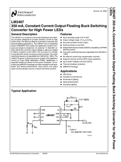 National Semiconductor LM3407 350 mA Constant Current Output Floating Buck Switching Converter Datasheet - cover page
