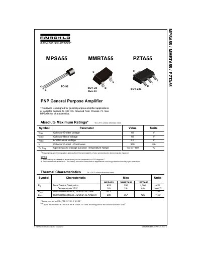FAIRCHILD MPSA55/MMBTA55/PZTA55 PNP General Purpose Amplifier handbook - cover page