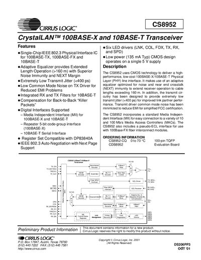Cirrus Logic CS8952 Transceiver Product Information Sheet - cover page