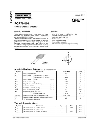 Fairchild FQP70N10 100V N-Channel MOSFET Datasheet - cover page