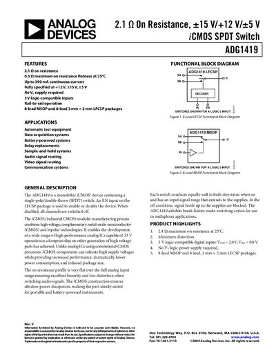Analog Devices ADG1419 iCMOS SPDT Switch Datasheet - cover page