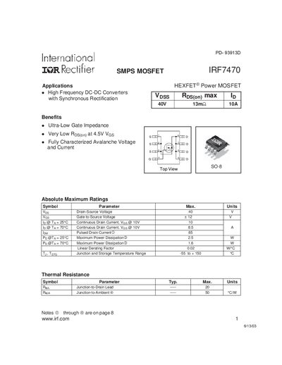International Rectifier IRF7470 MOSFET Datasheet - cover page