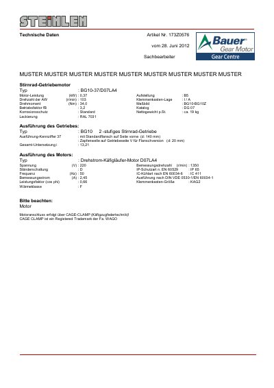 Bauer BG10-37/D07LA4 Gear Motor Technical Data Sheet - cover page