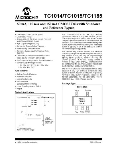 Microchip TC1014/TC1015/TC1185 Datasheet - cover page