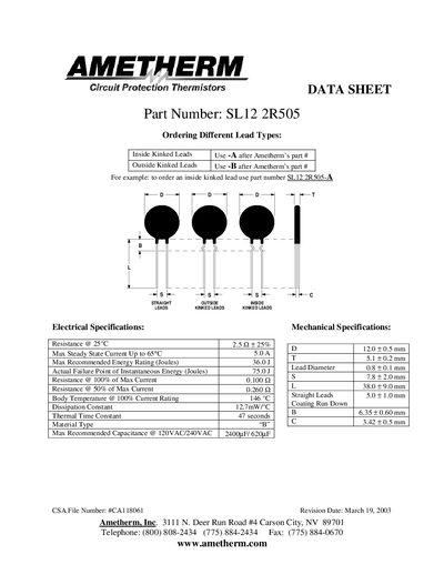 AMETHERM SL12 2R505 Thermistor Data Sheet - cover page