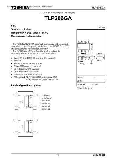 Toshiba TLP206GA Photocoupler Datasheet - cover page