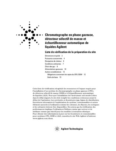 Agilent GC MSD ALS Site Preparation Checklist - cover page