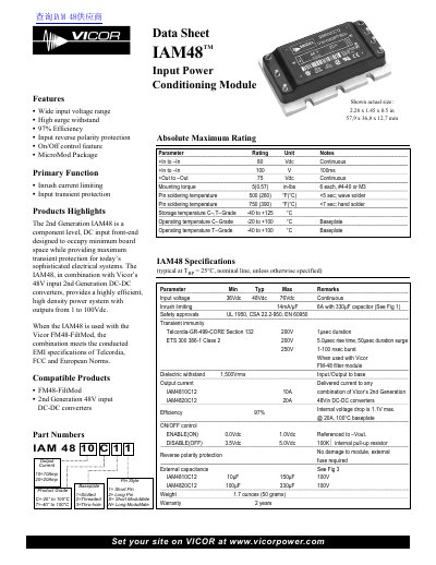 Vicor IAM48 Input Power Conditioning Module Datasheet - cover page