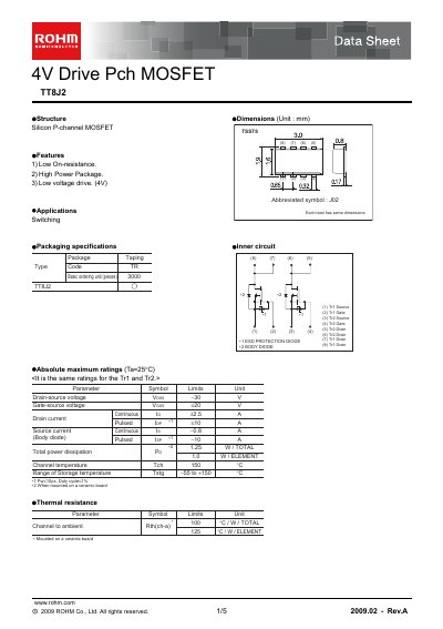 ROHM TT8J2 P‑channel MOSFET Data Sheet