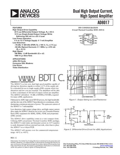 Analog Devices AD8017 Amplifier Datasheet - cover page