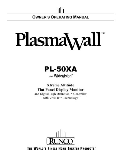 Runco PL-50XA Plasma Wall Owner's Operating Manual - cover page