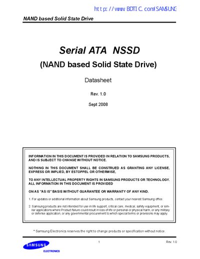 Samsung NSSD 2.5" Datasheet - cover page