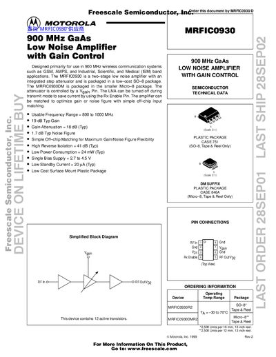 Motorola MRFIC0930 900 MHz GaAs Low Noise Amplifier Data Sheet - cover page